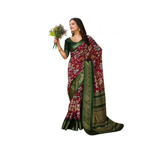 Amfyn Women's Soft Dola Cotton Kalamkari Printed Saree With Unstitched Blouse 5.5Mtr (Maroon)