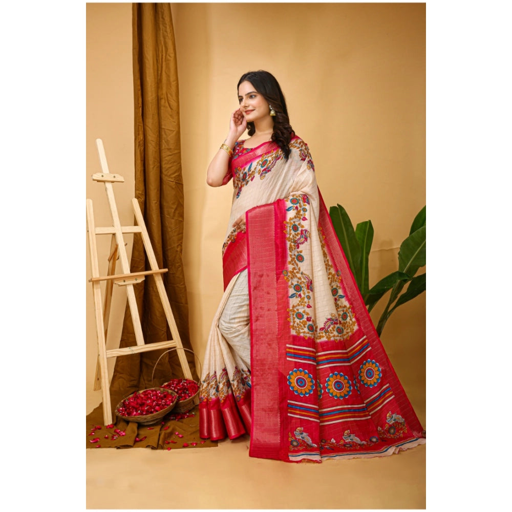 Amfyn Women's Soft Dola Cotton Kalamkari Printed Saree With Unstitched Blouse 5.5Mtr (Red)