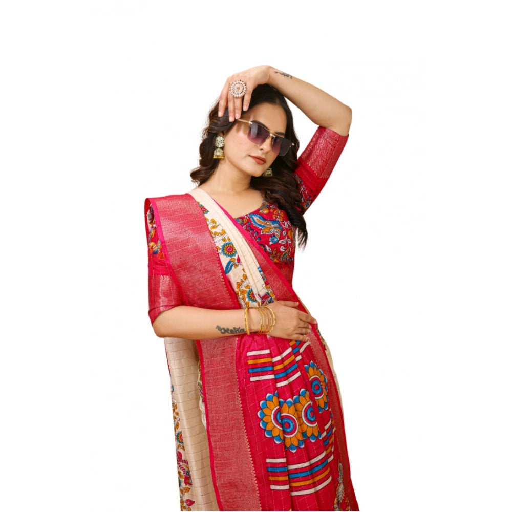 Amfyn Women's Soft Dola Cotton Kalamkari Printed Saree With Unstitched Blouse 5.5Mtr (Red)