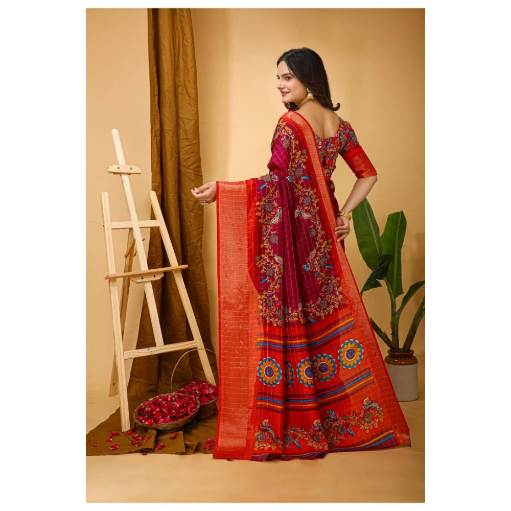 Amfyn Women's Soft Dola Cotton Kalamkari Printed Saree With Unstitched Blouse 5.5Mtr (Maroon)
