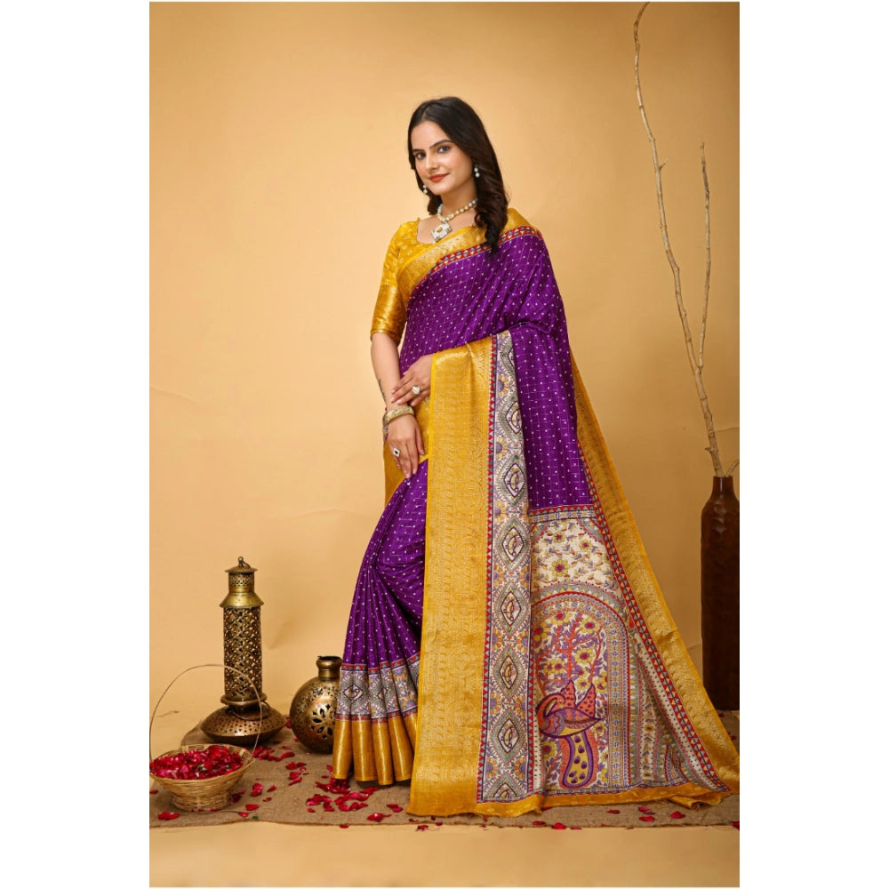 Amfyn Women's Soft Dola Cotton Kalamkari Printed Saree With Unstitched Blouse 5.5Mtr (Purple)