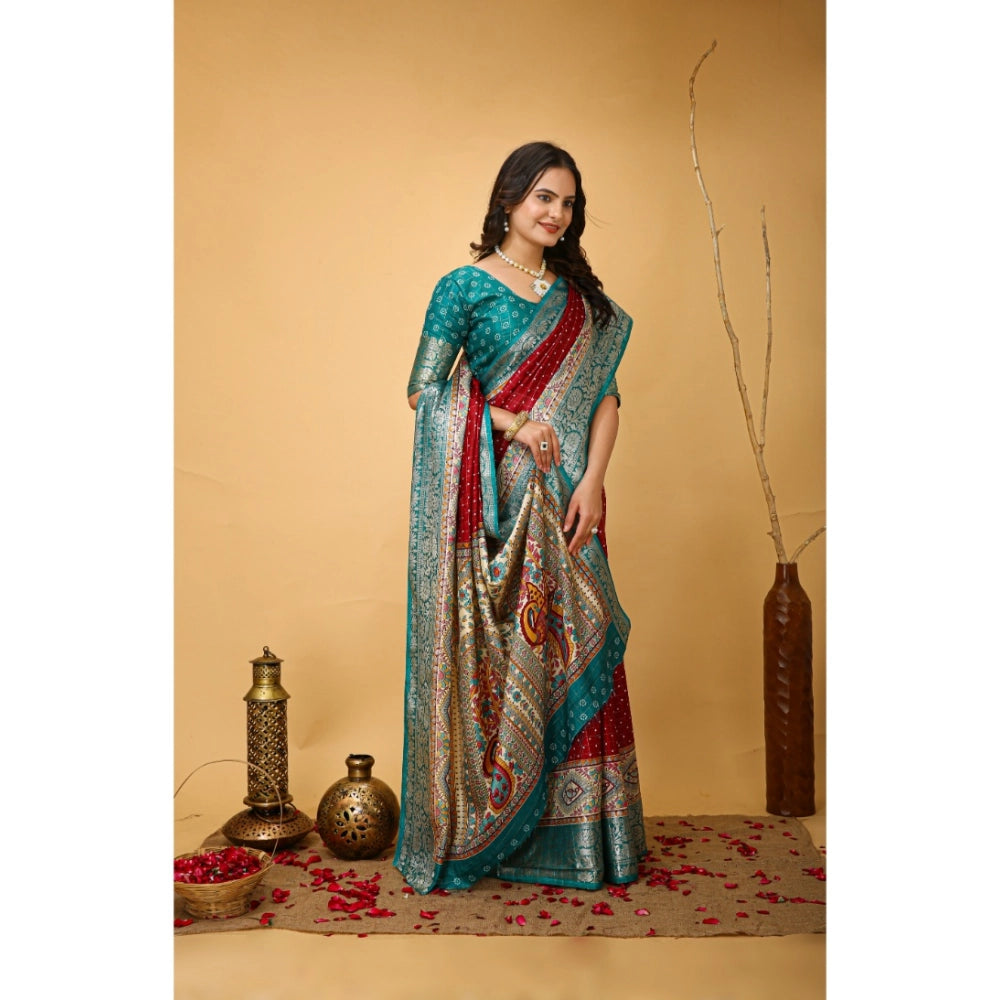 Amfyn Women's Soft Dola Cotton Kalamkari Printed Saree With Unstitched Blouse 5.5Mtr (Red)