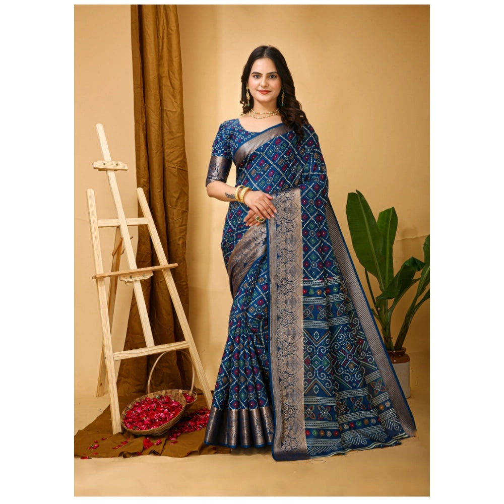 Amfyn Women's Soft Dola Cotton Kalamkari Printed Saree With Unstitched Blouse 5.5Mtr (Blue)