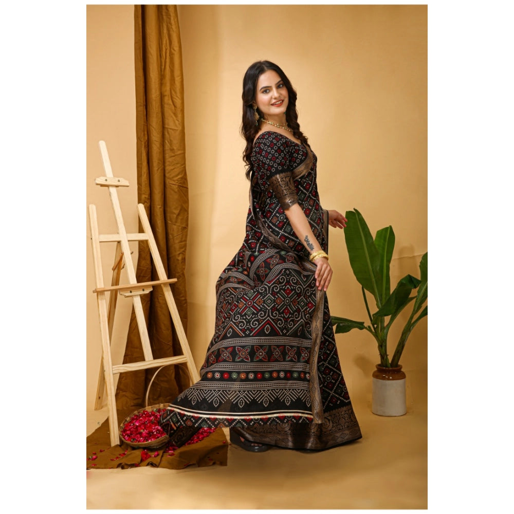 Amfyn Women's Soft Dola Cotton Kalamkari Printed Saree With Unstitched Blouse 5.5Mtr (Black)