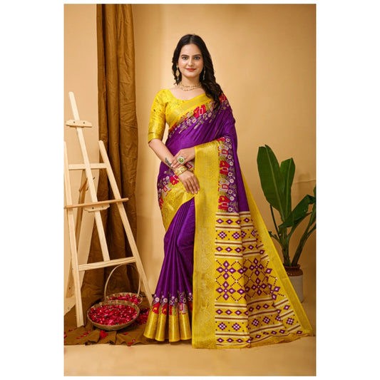 Amfyn Women's Soft Dola Cotton Kalamkari Printed Saree With Unstitched Blouse 5.5Mtr (Purple)