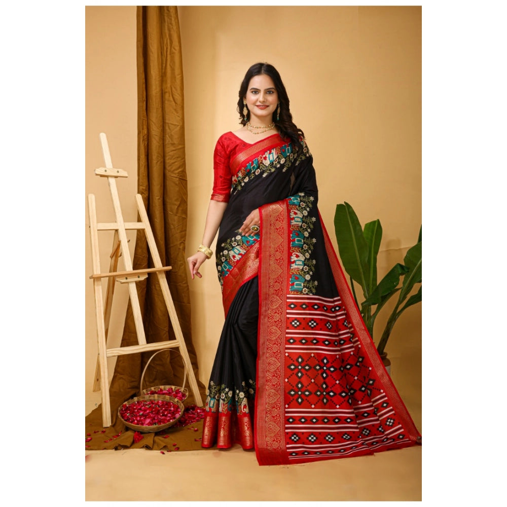 Amfyn Women's Soft Dola Cotton Kalamkari Printed Saree With Unstitched Blouse 5.5Mtr (Black)
