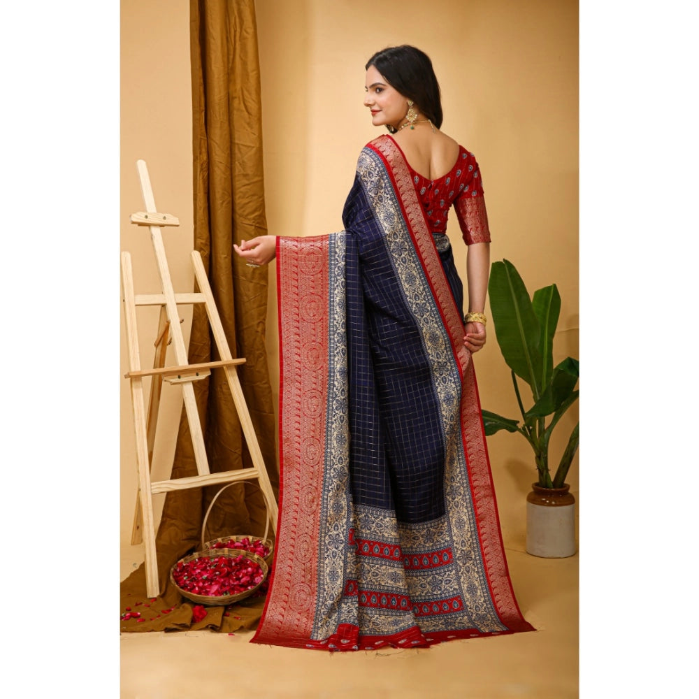 Amfyn Women's Soft Dola Cotton Kalamkari Printed Saree With Unstitched Blouse 5.5Mtr (Navy Blue)