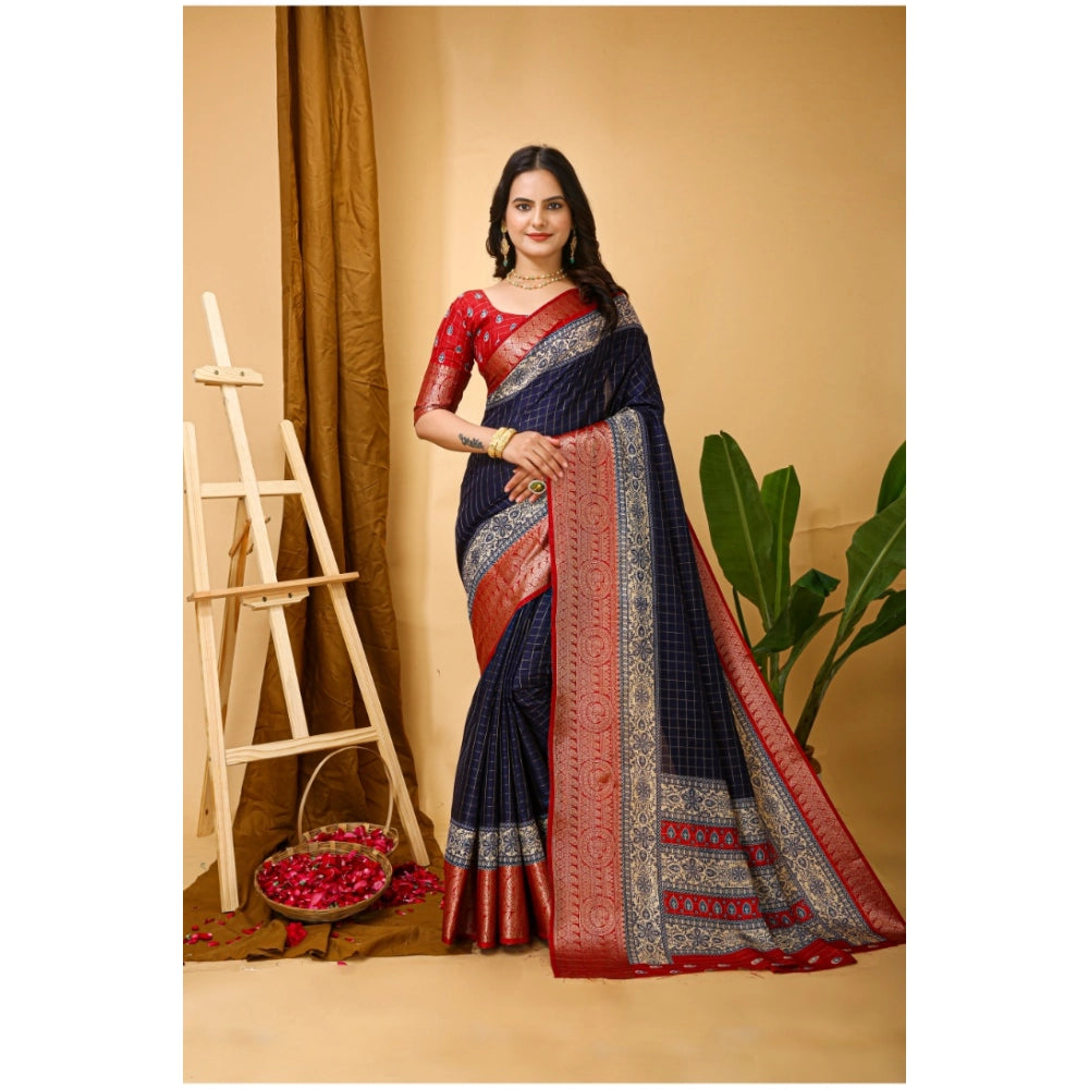 Amfyn Women's Soft Dola Cotton Kalamkari Printed Saree With Unstitched Blouse 5.5Mtr (Navy Blue)