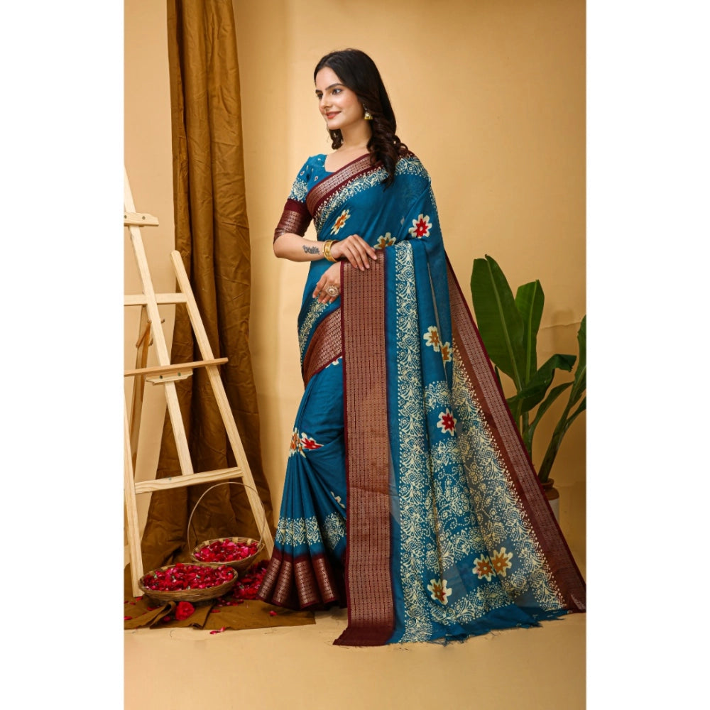Amfyn Women's Soft Blooming Marshmallow Fabric Kalamkari Printed Saree With Unstitched Blouse 5.5Mtr (Blue)