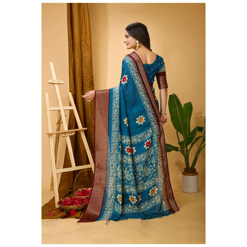 Amfyn Women's Soft Blooming Marshmallow Fabric Kalamkari Printed Saree With Unstitched Blouse 5.5Mtr (Blue)