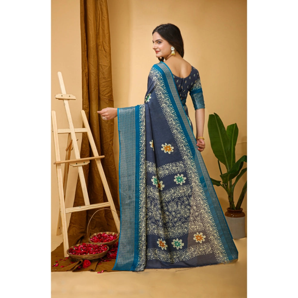 Amfyn Women's Soft Blooming Marshmallow Fabric Kalamkari Printed Saree With Unstitched Blouse 5.5Mtr (Grey)