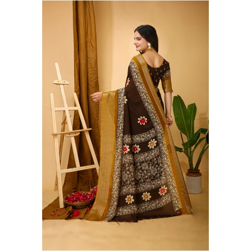 Amfyn Women's Soft Blooming Marshmallow Fabric Kalamkari Printed Saree With Unstitched Blouse 5.5Mtr (Brown)