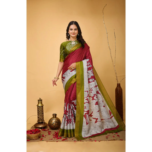Amfyn Women's Soft Handloom Cotton Kalamkari Printed Saree With Unstitched Blouse 5.5Mtr (Maroon)