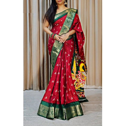 Amfyn Women's Soft Dola Cotton Kalamkari Printed Saree With Unstitched Blouse 5.5Mtr (Red)