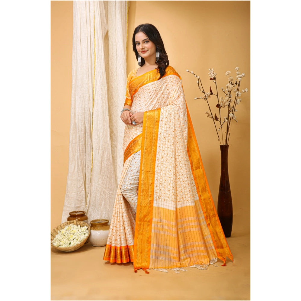 Amfyn Women's Soft Cotton Silk Printed Saree With Unstitched Blouse 5.5Mtr (Yellow)