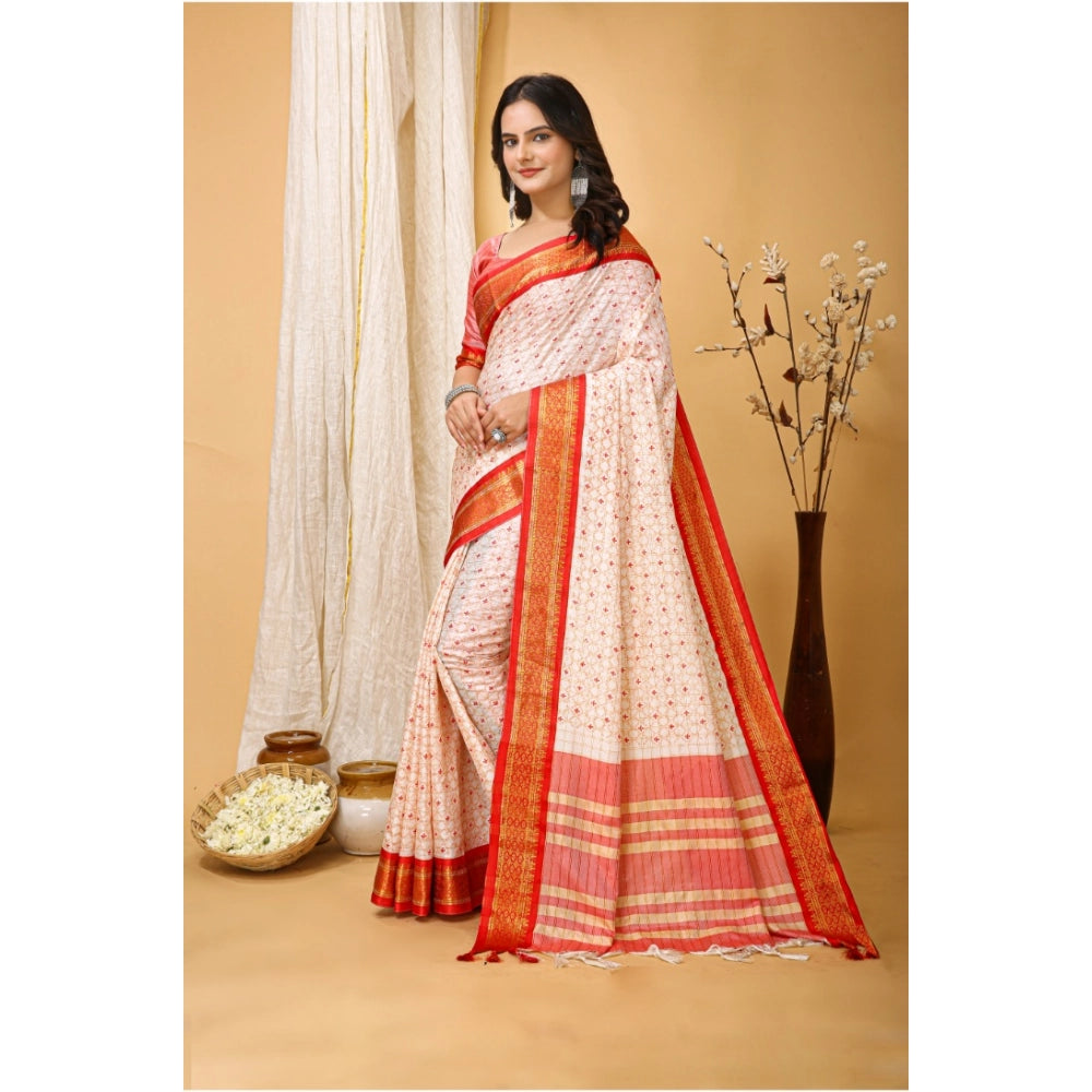 Amfyn Women's Soft Cotton Silk Printed Saree With Unstitched Blouse 5.5Mtr (Red)