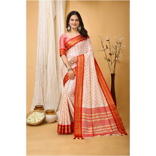 Amfyn Women's Soft Cotton Silk Printed Saree With Unstitched Blouse 5.5Mtr (Red)