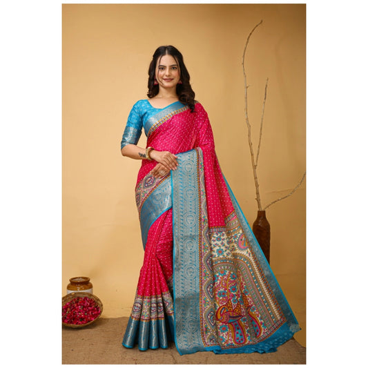 Amfyn Women's Soft Dola Cotton Kalamkari Printed Saree With Unstitched Blouse 5.5Mtr (Pink)