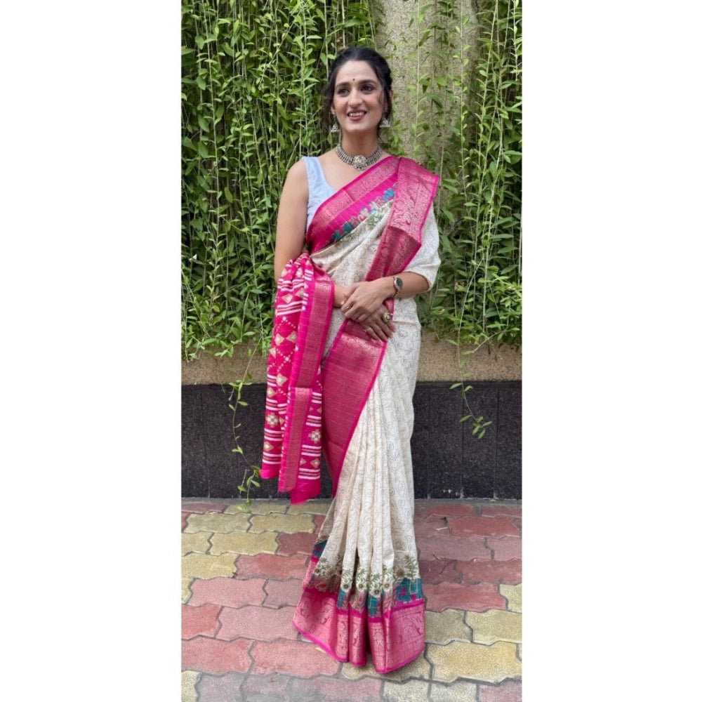 Amfyn Women's Soft Dola Cotton Kalamkari Printed Saree With Unstitched Blouse 5.5Mtr (White)