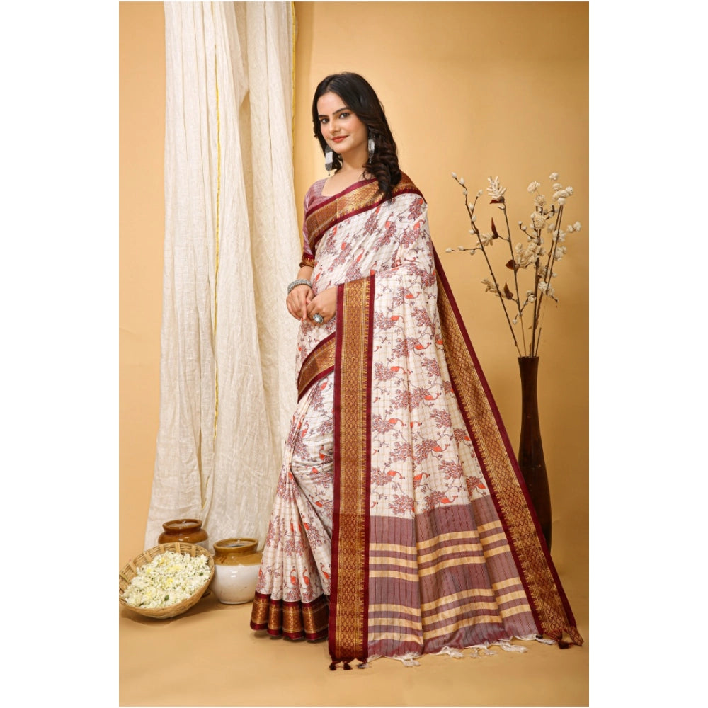 Amfyn Women's Soft Cotton Silk Printed Saree With Unstitched Blouse 5.5Mtr (Maroon)