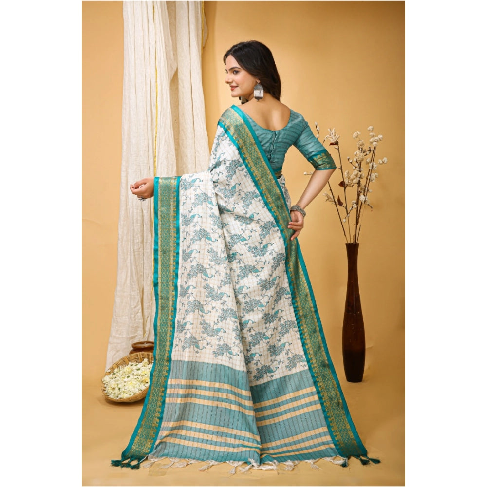 Amfyn Women's Soft Cotton Silk Printed Saree With Unstitched Blouse 5.5Mtr (Turquoise)