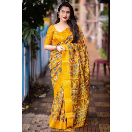 Amfyn Women's Soft Dola Cotton Kalamkari Printed Saree With Unstitched Blouse 5.5Mtr (Yellow)