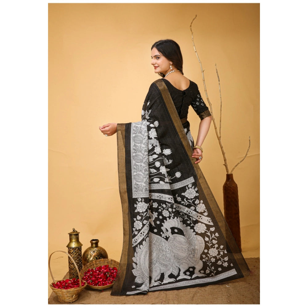 Amfyn Women's Soft Handloom Cotton Kalamkari Printed Saree With Unstitched Blouse 5.5Mtr (Black)