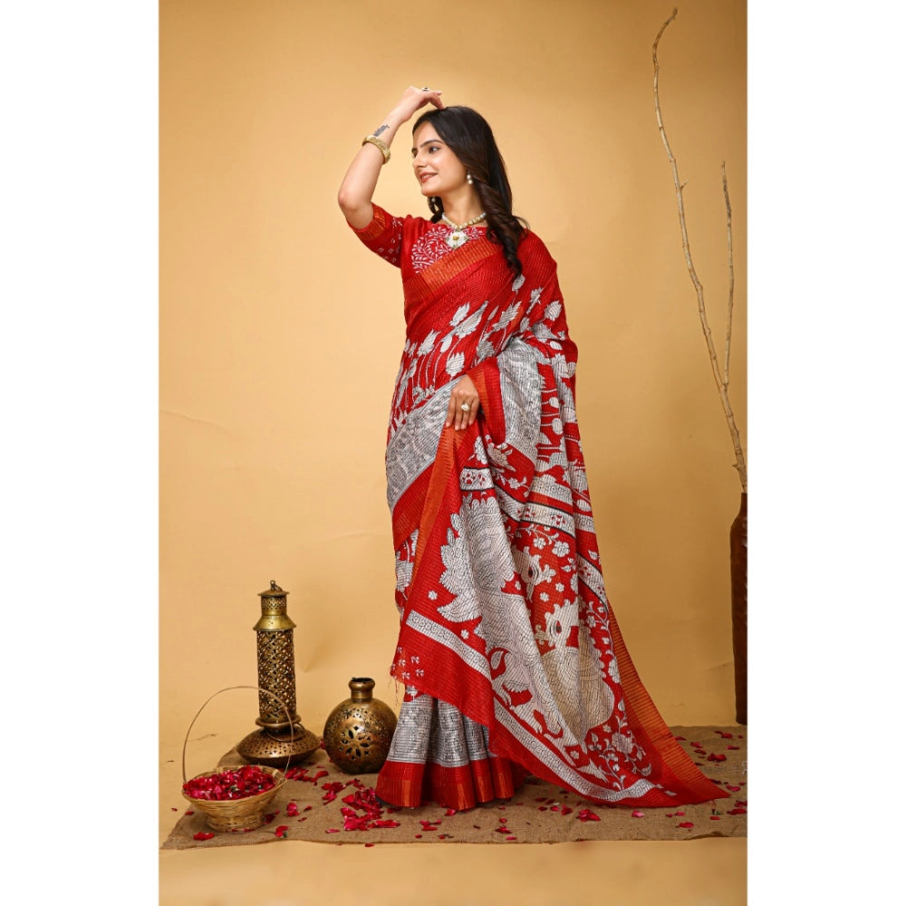Amfyn Women's Soft Handloom Cotton Kalamkari Printed Saree With Unstitched Blouse 5.5Mtr (Red)