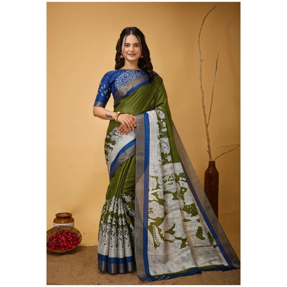 Amfyn Women's Soft Handloom Cotton Kalamkari Printed Saree With Unstitched Blouse 5.5Mtr (Mehendi)