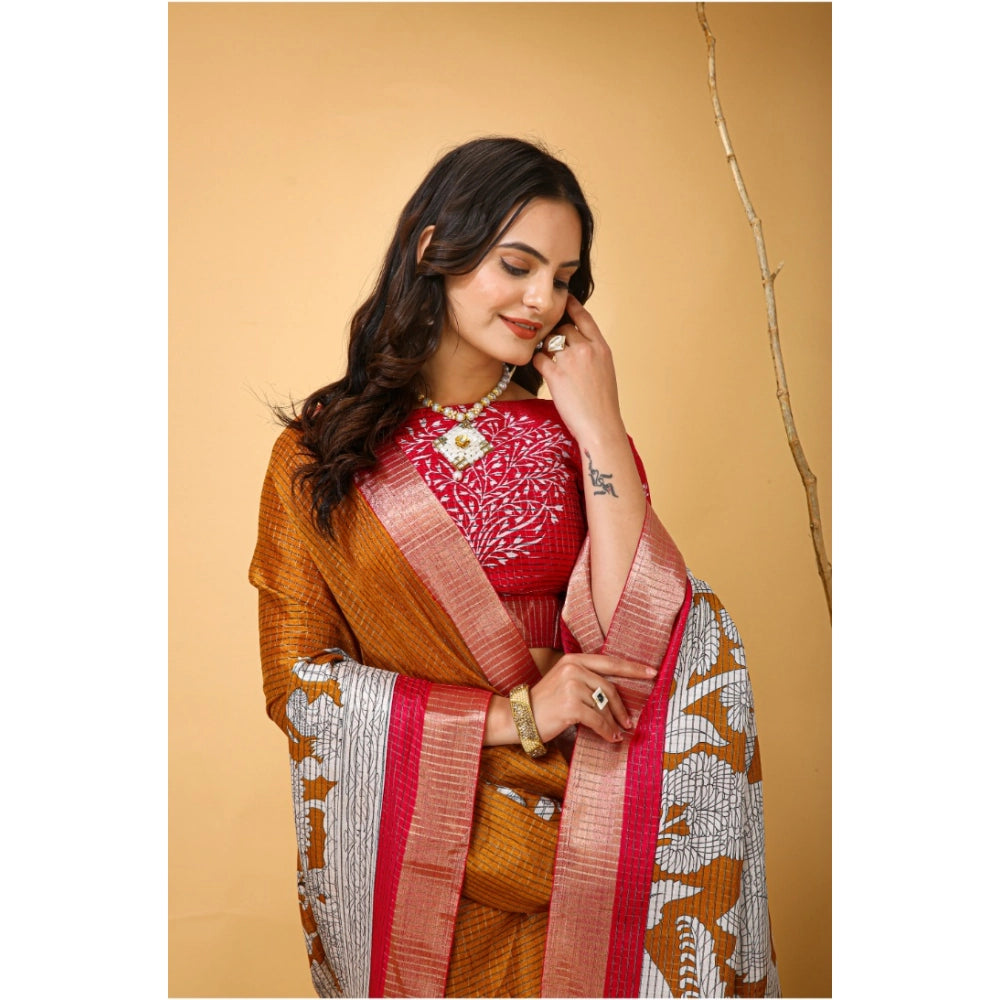 Amfyn Women's Soft Handloom Cotton Kalamkari Printed Saree With Unstitched Blouse 5.5Mtr (Mustard)