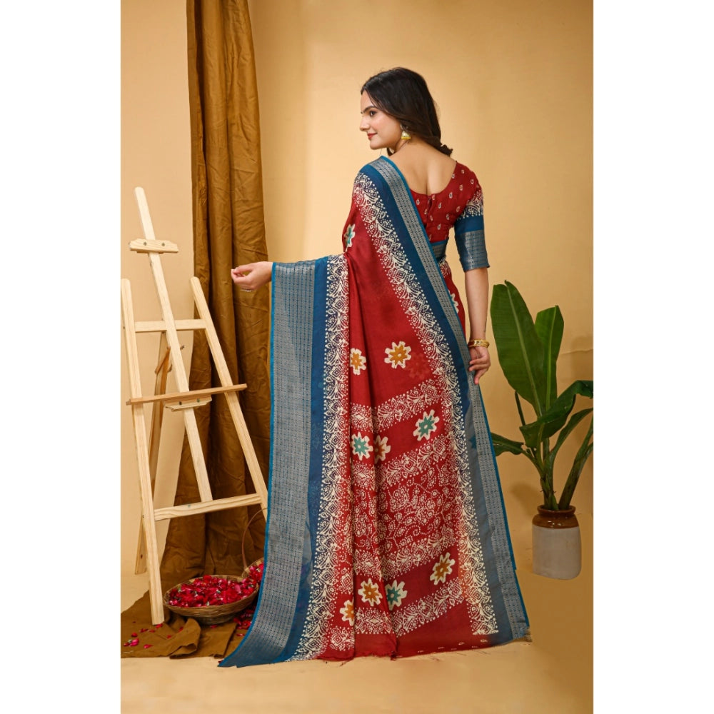 Amfyn Women's Soft Blooming Marshmallow Fabric Kalamkari Printed Saree With Unstitched Blouse 5.5Mtr (Red)