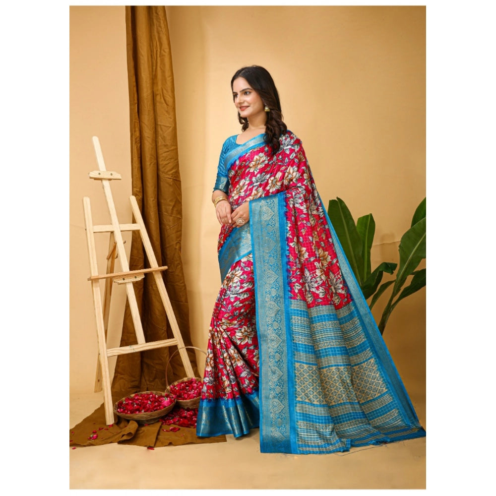 Amfyn Women's Soft Dola Cotton Kalamkari Printed Saree With Unstitched Blouse 5.5Mtr (Pink)