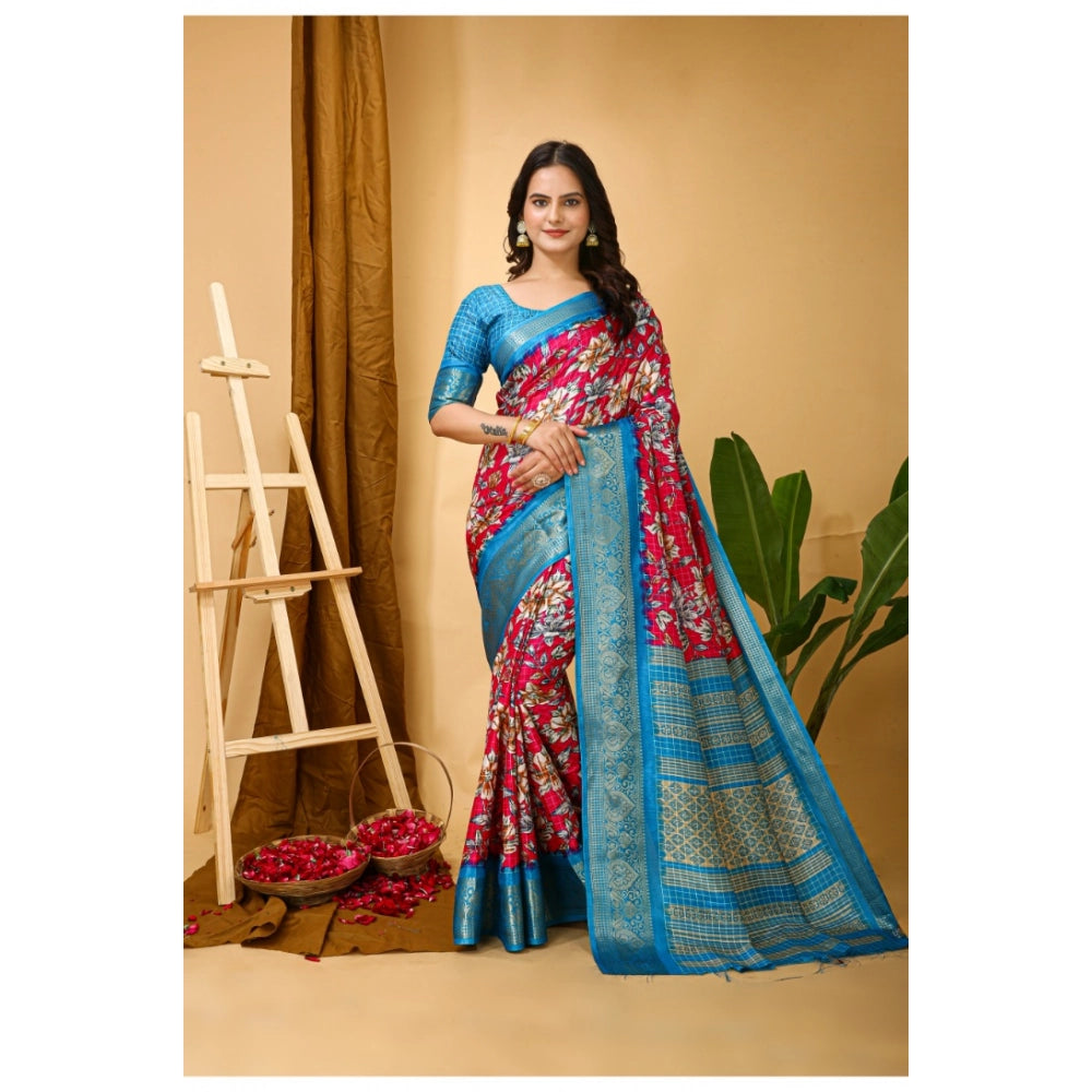 Amfyn Women's Soft Dola Cotton Kalamkari Printed Saree With Unstitched Blouse 5.5Mtr (Pink)