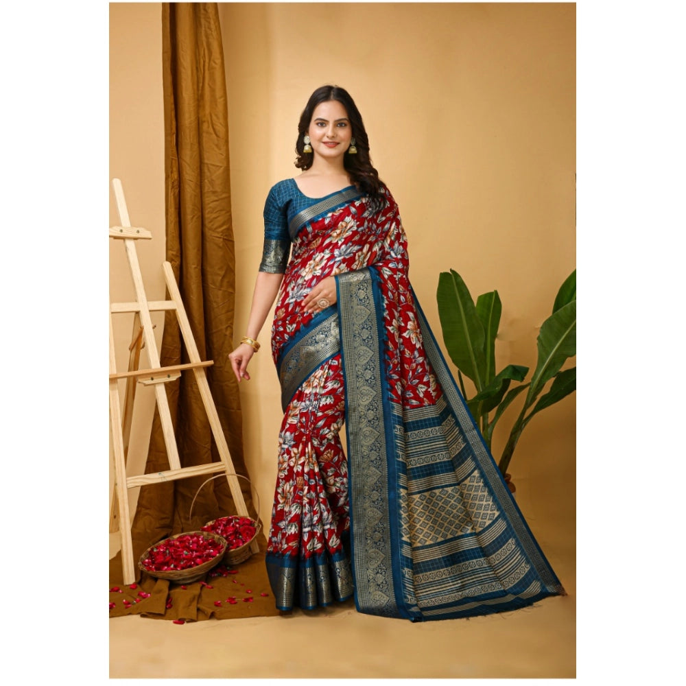 Amfyn Women's Soft Dola Cotton Kalamkari Printed Saree With Unstitched Blouse 5.5Mtr (Red)