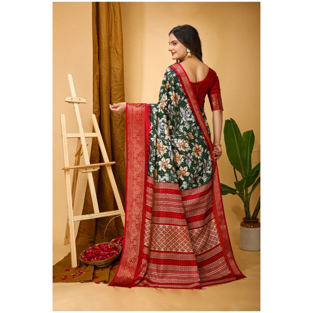 Amfyn Women's Soft Dola Cotton Kalamkari Printed Saree With Unstitched Blouse 5.5Mtr (Green)