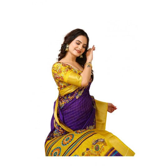 Amfyn Women's Soft Dola Cotton Kalamkari Printed Saree With Unstitched Blouse 5.5Mtr (Purple)