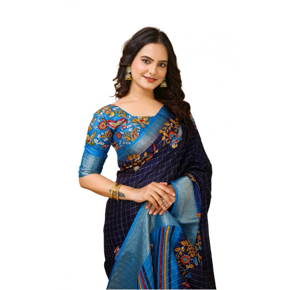 Amfyn Women's Soft Dola Cotton Kalamkari Printed Saree With Unstitched Blouse 5.5Mtr (Navy Blue)