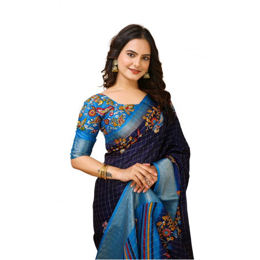 Amfyn Women's Soft Dola Cotton Kalamkari Printed Saree With Unstitched Blouse 5.5Mtr (Navy Blue)