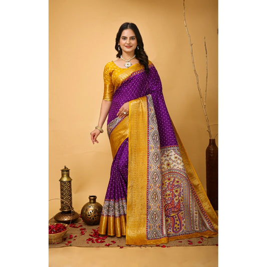 Amfyn Women's Soft Dola Cotton Kalamkari Printed Saree With Unstitched Blouse 5.5Mtr (Purple)