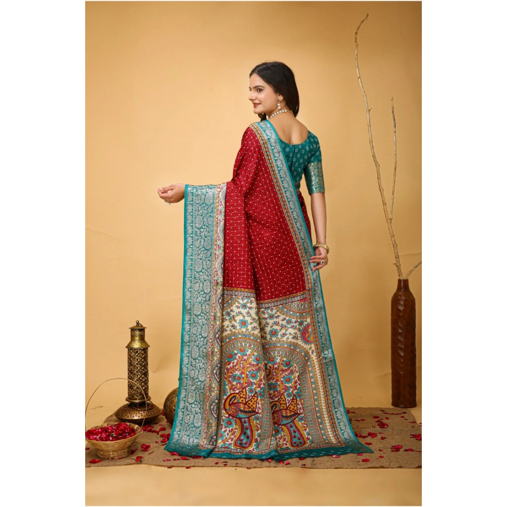 Amfyn Women's Soft Dola Cotton Kalamkari Printed Saree With Unstitched Blouse 5.5Mtr (Red)