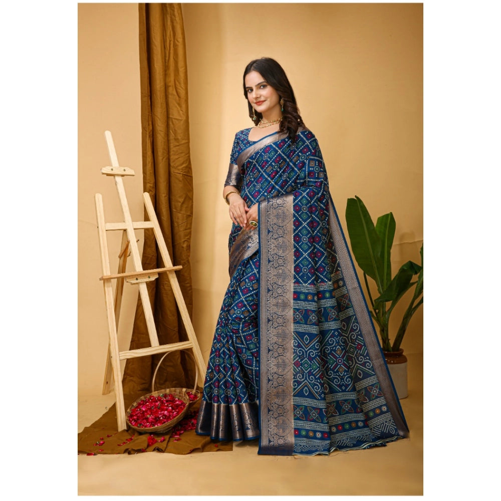 Amfyn Women's Soft Dola Cotton Kalamkari Printed Saree With Unstitched Blouse 5.5Mtr (Blue)