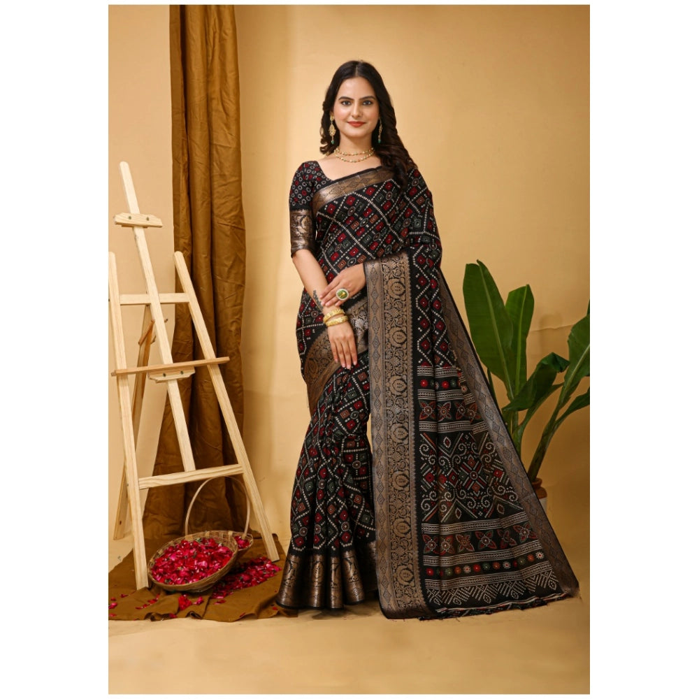 Amfyn Women's Soft Dola Cotton Kalamkari Printed Saree With Unstitched Blouse 5.5Mtr (Black)