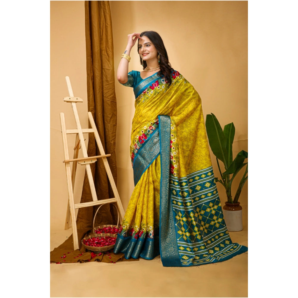 Amfyn Women's Soft Dola Cotton Kalamkari Printed Saree With Unstitched Blouse 5.5Mtr (Yellow)