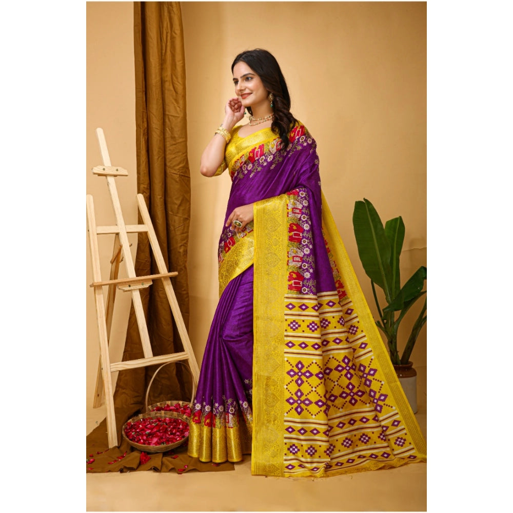 Amfyn Women's Soft Dola Cotton Kalamkari Printed Saree With Unstitched Blouse 5.5Mtr (Purple)