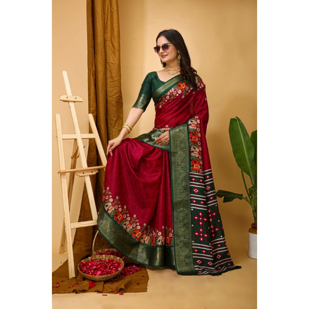 Amfyn Women's Soft Dola Cotton Kalamkari Printed Saree With Unstitched Blouse 5.5Mtr (Red)