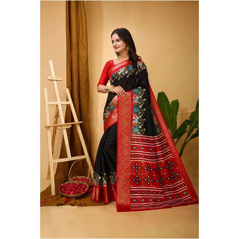 Amfyn Women's Soft Dola Cotton Kalamkari Printed Saree With Unstitched Blouse 5.5Mtr (Black)