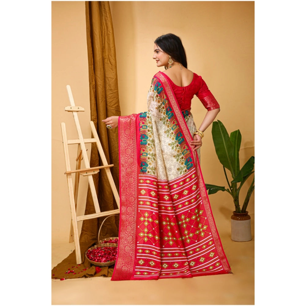 Amfyn Women's Soft Dola Cotton Kalamkari Printed Saree With Unstitched Blouse 5.5Mtr (White)