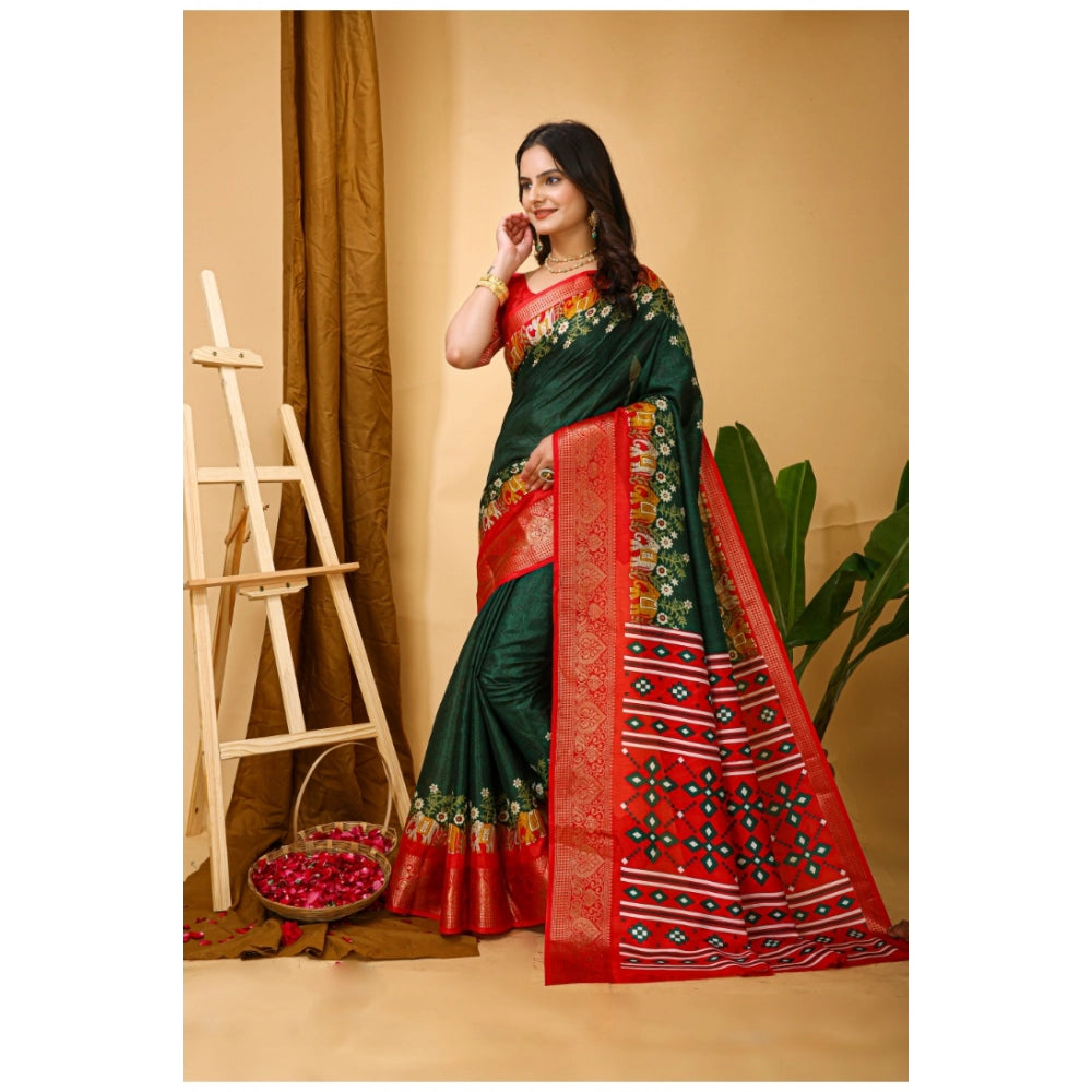 Amfyn Women's Soft Dola Cotton Kalamkari Printed Saree With Unstitched Blouse 5.5Mtr (Green)