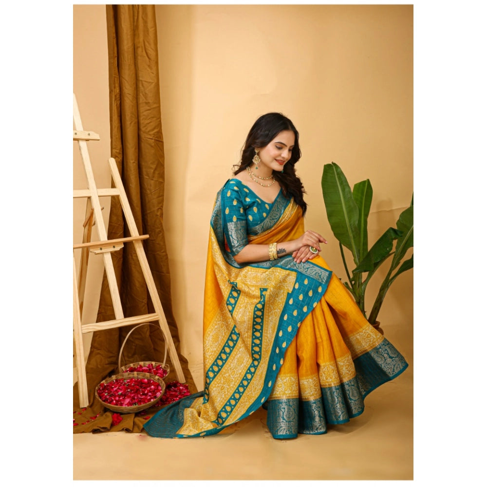 Amfyn Women's Soft Dola Cotton Kalamkari Printed Saree With Unstitched Blouse 5.5Mtr (Yellow)