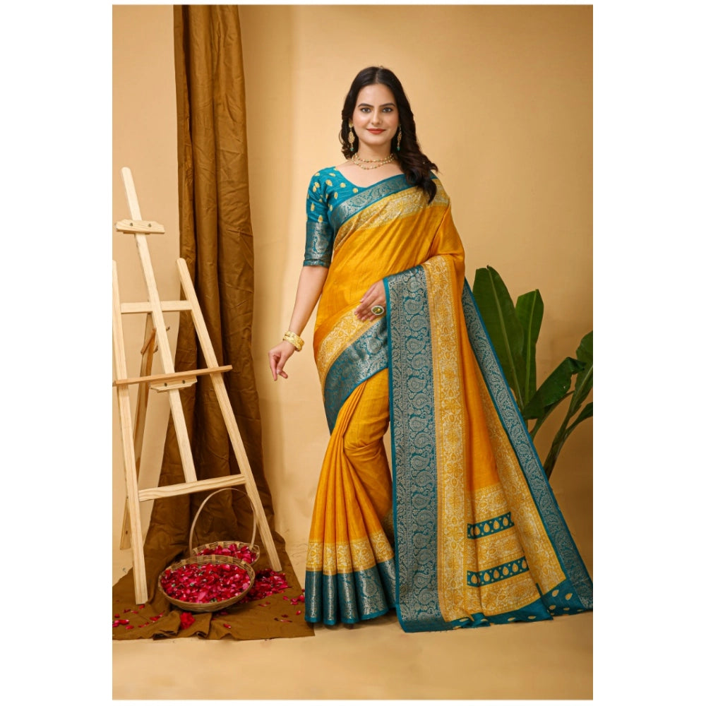 Amfyn Women's Soft Dola Cotton Kalamkari Printed Saree With Unstitched Blouse 5.5Mtr (Yellow)